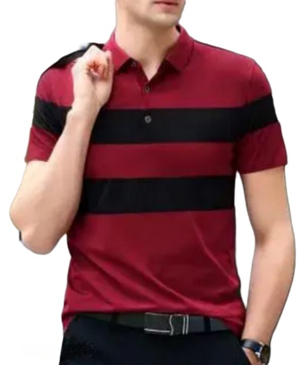 Men Checkered-Solid Polo Neck, Black & Maroon Cotton Blend Tshirt
