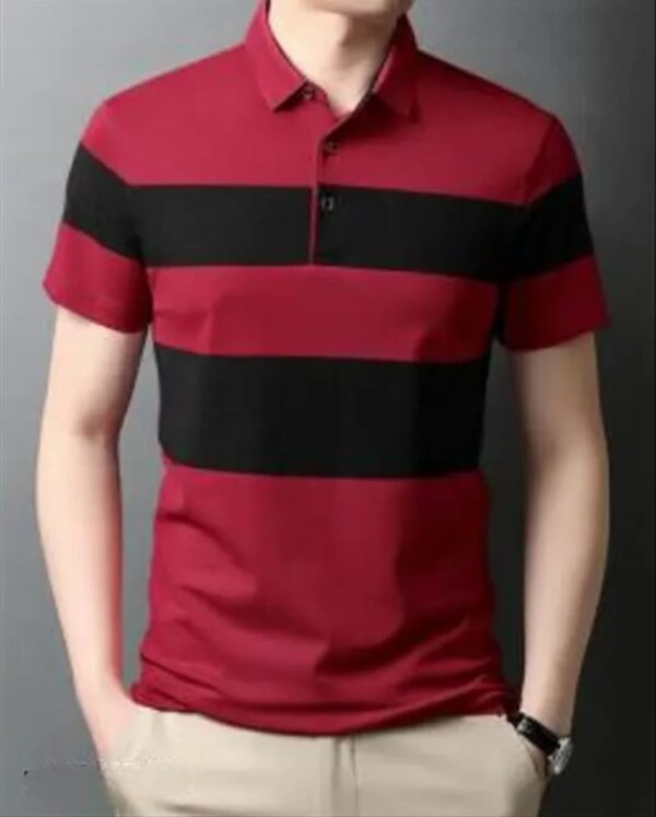 Men Checkered-Solid Polo Neck, Black & Maroon Cotton Blend Tshirt - Image 3