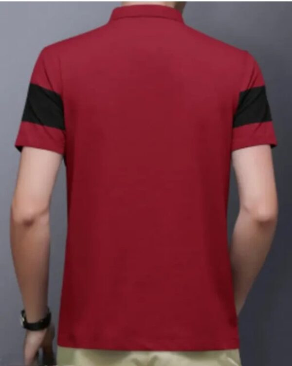 Men Checkered-Solid Polo Neck, Black & Maroon Cotton Blend Tshirt - Image 2