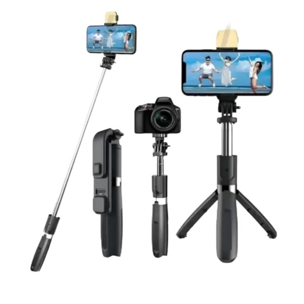 Portable Selfie Stick Tripod with Bluetooth Remote, Tripod Stand, Multifunctional Selfie Stick with Extendable Aluminium Monopod, 360 deg Rotation Phone Holder, Adjustable Grip Tripod Bluetooth Selfie Stick (Black, Remote Included)