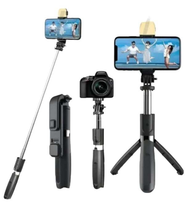 Portable Selfie Stick Tripod with Bluetooth Remote, Tripod Stand, Multifunctional Selfie Stick with Extendable Aluminium Monopod, 360 deg Rotation Phone Holder, Adjustable Grip Tripod Bluetooth Selfie Stick (Black, Remote Included)