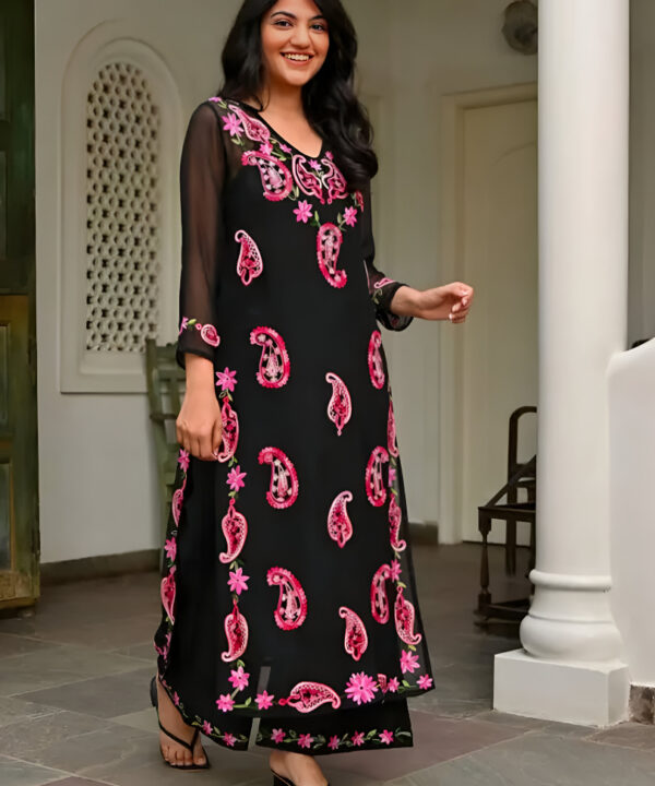 Black Georgette Embroidered Kurta Pant Set for Women | Stylish Ethnic Co-Ord Set | Floral & Paisley Work Kurti Set