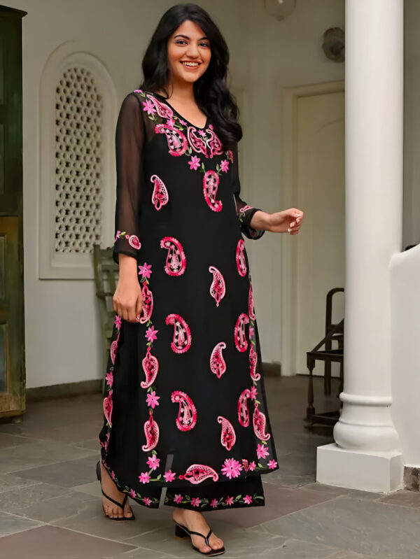 Black Georgette Embroidered Kurta Pant Set for Women | Stylish Ethnic Co-Ord Set | Floral & Paisley Work Kurti Set