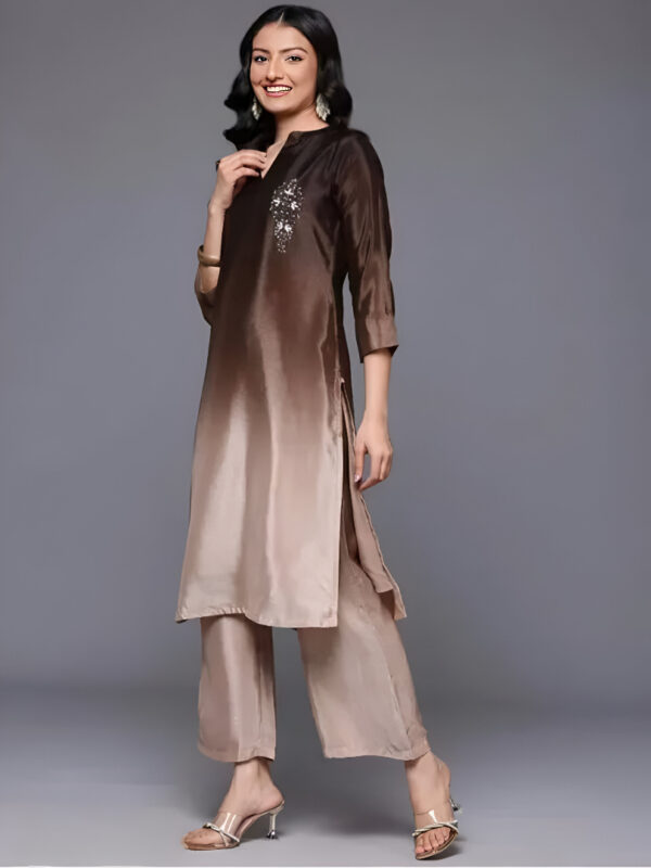 Fabrico Mandarin Collar Chinon Kurta Palazzo Set Camel Brown