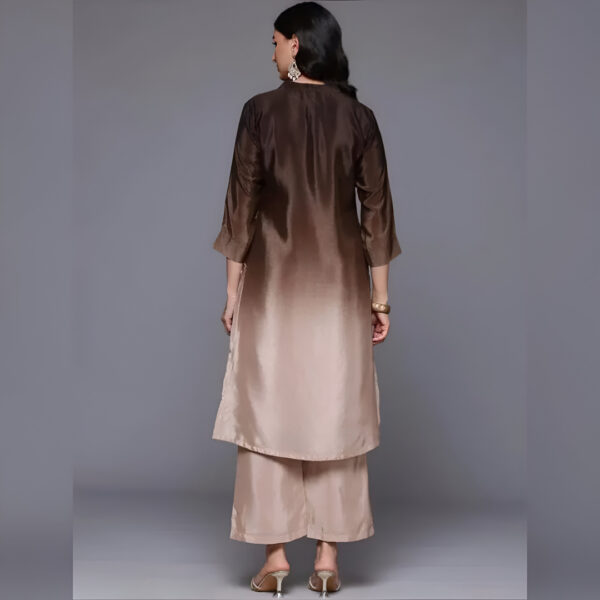 Fabrico Mandarin Collar Chinon Kurta Palazzo Set Camel Brown - Image 2