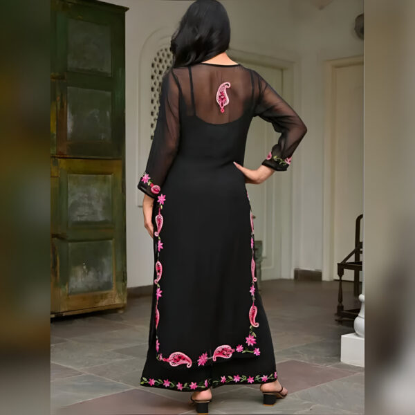 Black Georgette Embroidered Kurta Pant Set for Women | Stylish Ethnic Co-Ord Set | Floral & Paisley Work Kurti Set - Image 2