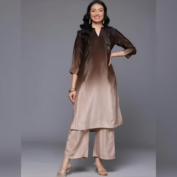 Fabrico Mandarin Collar Chinon Kurta Palazzo Set Camel Brown - Image 3