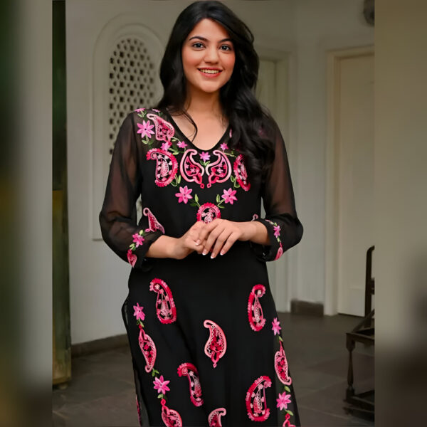 Black Georgette Embroidered Kurta Pant Set for Women | Stylish Ethnic Co-Ord Set | Floral & Paisley Work Kurti Set - Image 3