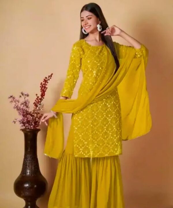 Designer Embroiderd And Handwork Front Cut Designer Wear Outfit Along With Sarara And Dupatta