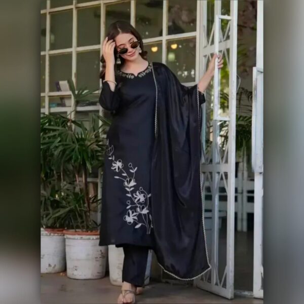 Black Embroidered Kurta Pant And Duppata Set For Womens