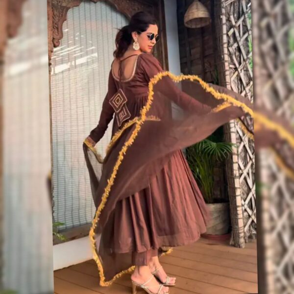 Brown Elegant Pure Cotton Flared Kurta Set - Image 3