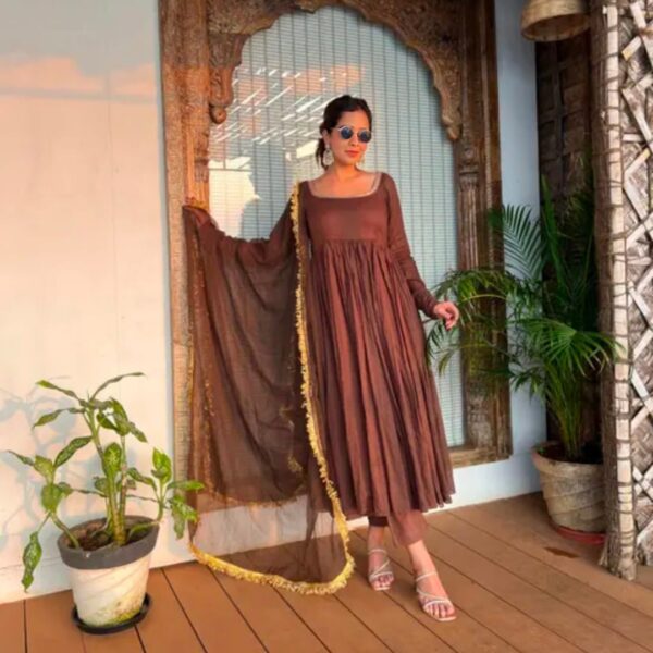 Brown Elegant Pure Cotton Flared Kurta Set