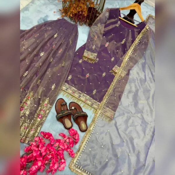 New Designer Party Wear Look Stylish Net Stitched Suit Kurti Set For Women - Image 3