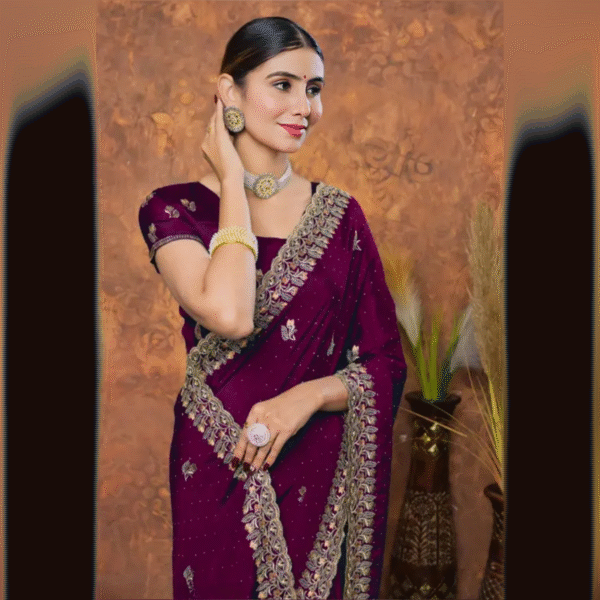 Women's Embroidered Fancy Saree Wine saree Saree Fabric: Chinon