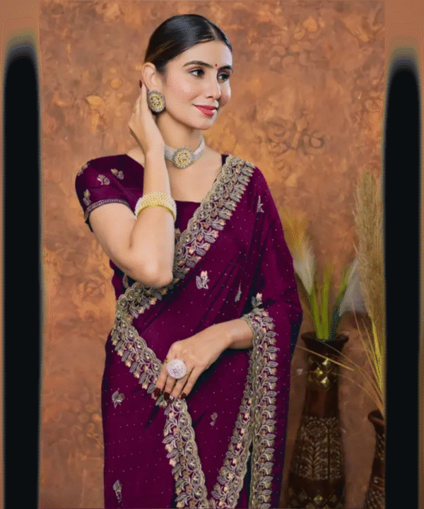 Women's Embroidered Fancy Saree Wine saree Saree Fabric: Chinon