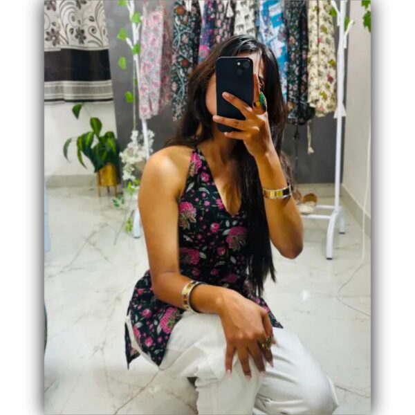 Trendy Rose Printed Black Short Kurtis - Image 2