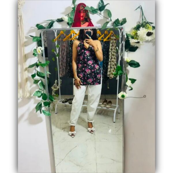 Trendy Rose Printed Black Short Kurtis - Image 3