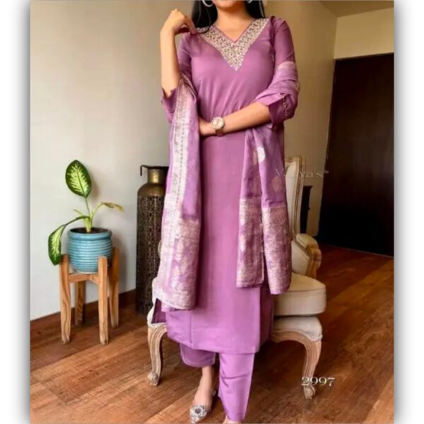 Women's Lavender Colour Rayon Slub V-neck Embroidered Straight Kurta Pant with Dupatta sat - Image 2