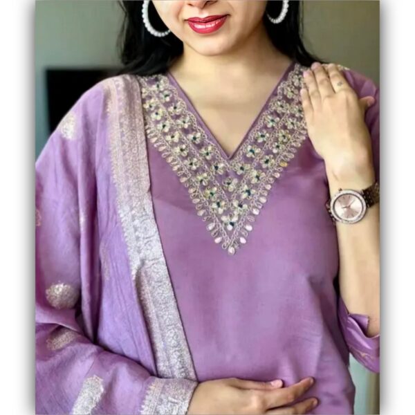 Women's Lavender Colour Rayon Slub V-neck Embroidered Straight Kurta Pant with Dupatta sat - Image 3