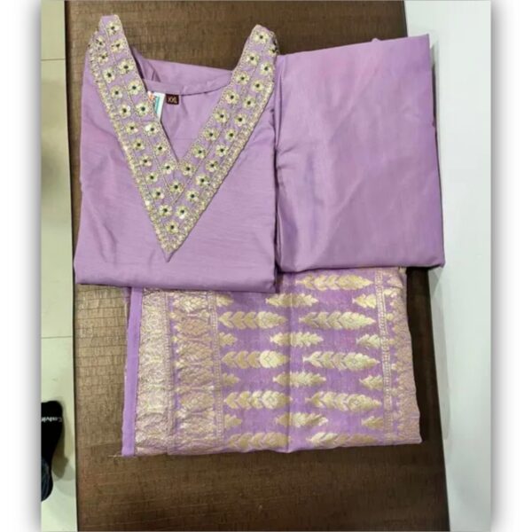 Women's Lavender Colour Rayon Slub V-neck Embroidered Straight Kurta Pant with Dupatta sat - Image 4