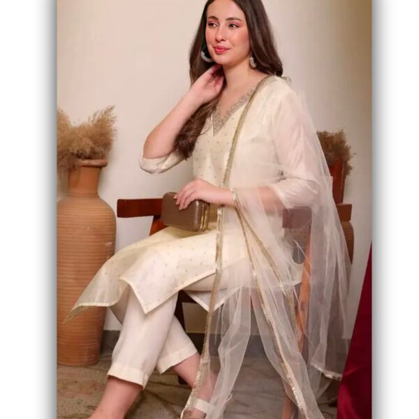 Adorable chandheri silk embroiderd kurti set with net duppatta